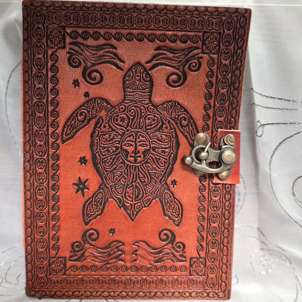 Brown Leather Journal Diary with Metal Clasp White Pages Turtle 5x7